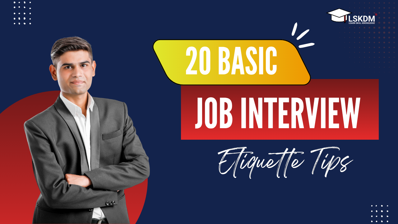 Man in a suit with text "20 basic job interview etiquette tips" on a blue-red background.