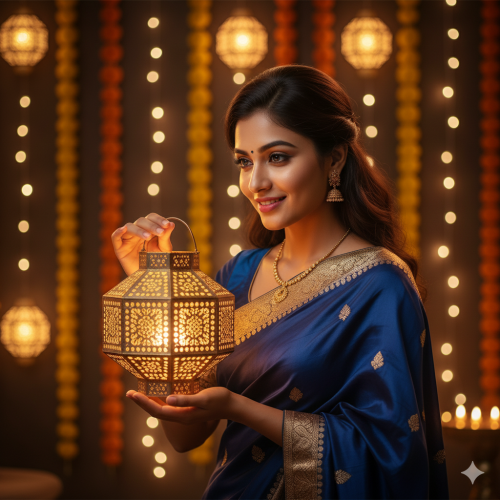 Single Indian Girl Holding Lantern Single Indian girl holding a glowing paper lantern during Diwali night – Gemini AI generated realistic photo.