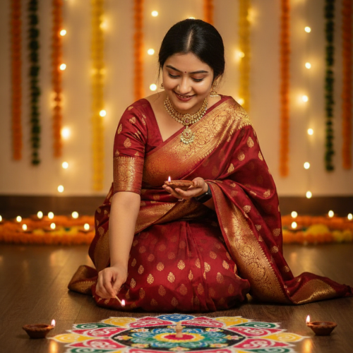 Single Indian Girl Sitting by Rangoli Single Indian girl sitting by a colorful rangoli arranging diyas during Diwali – Gemini AI generated photo.