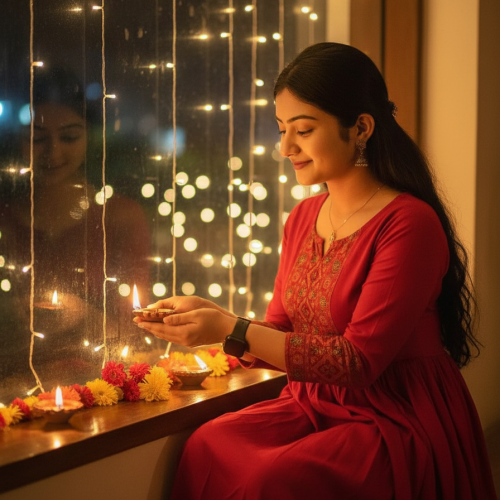 Single Indian Girl Lighting Diyas by Window Single Indian girl lighting diyas on a windowsill during Diwali evening – Gemini AI generated photo.