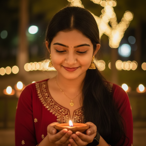 Single Indian Girl Holding Diya Close-Up Close-up of single Indian girl holding a diya during Diwali with festive lights – Gemini AI generated realistic photo.