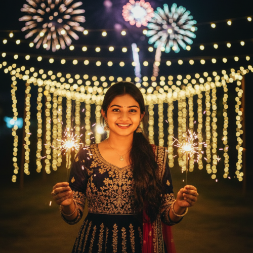 Single Indian Girl with Sparklers Outdoors Single Indian girl celebrating Diwali outdoors with sparklers – Gemini AI generated realistic photo.